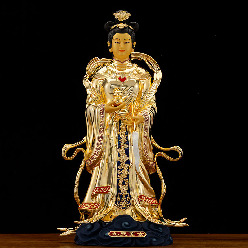 台湾鎏金九天玄女神像纯铜道教九天玄女娘娘圣母铜像居家供奉摆件