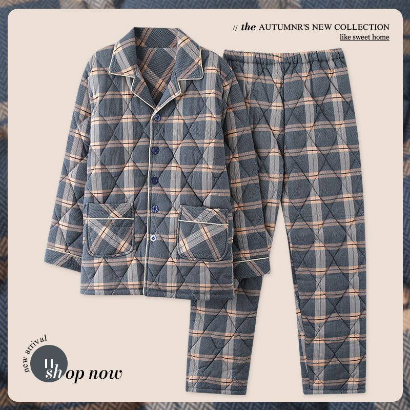 Winter pajamas men's pure cotton three-layer thickened large-size quilted autumn and winter cotton 2021 new home service suit
