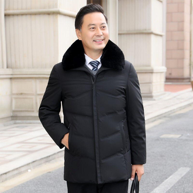 尊首 中老年羽绒服男士中长款冬季新款爸爸装连帽保暖加厚可卸毛