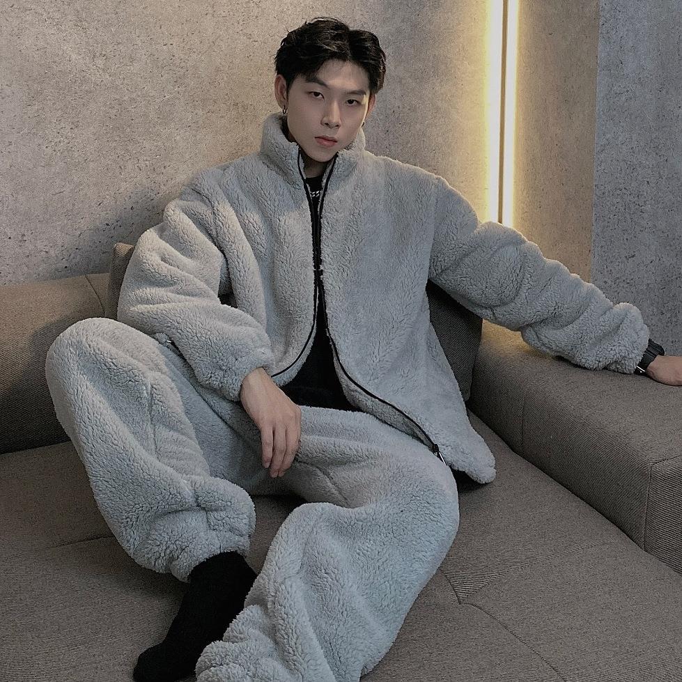 Coral fleece pajamas men's autumn and winter models plus velvet thickened teenagers plus size flannel home service suit winter