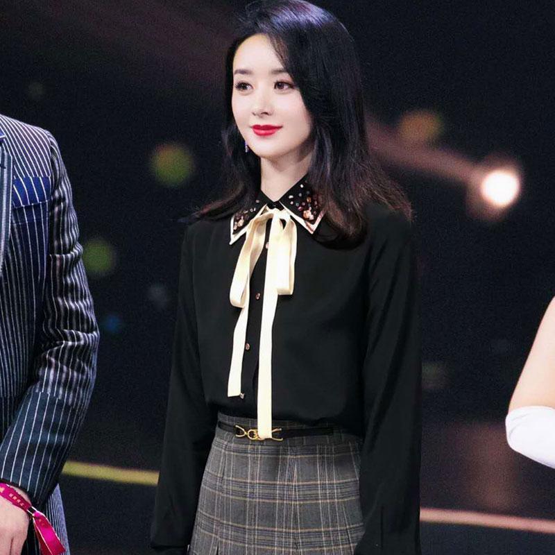 年阿玛施新特赵丽颖明星同款衬衣女2021春秋装蝴蝶结雪纺长袖衬衫