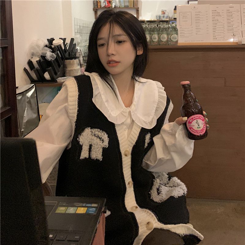 兩件套裝韓系甜美蝴蝶結針織馬甲疊穿背心女開衫毛衣娃娃領襯衫潮