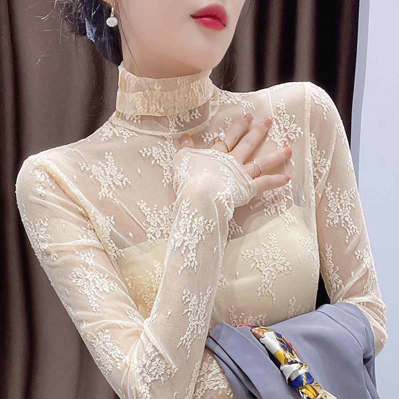 堆堆高領蕾絲打底衫女秋冬2021洋氣白色內搭紗衣性感緊身網紗上衣