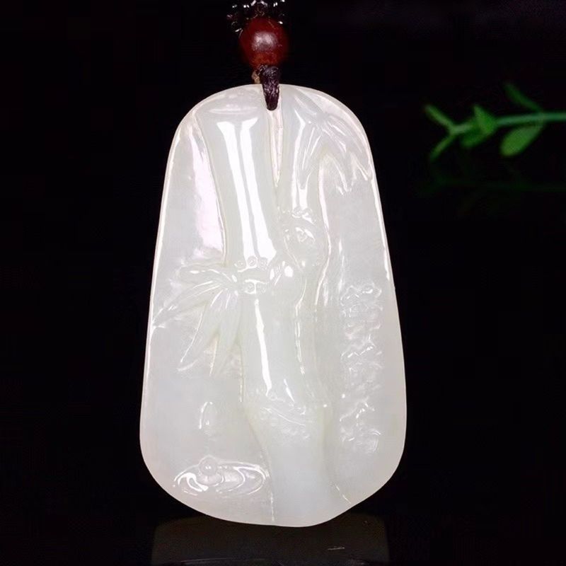 天然新疆和田玉吊坠白玉节节高玉坠竹节玉牌挂件竹平安玉吊坠男女