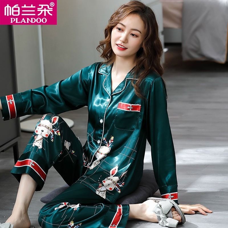Palando silk pajamas women's spring and autumn long-sleeved ice silk middle-aged mother-in-law home service suit can be worn outside