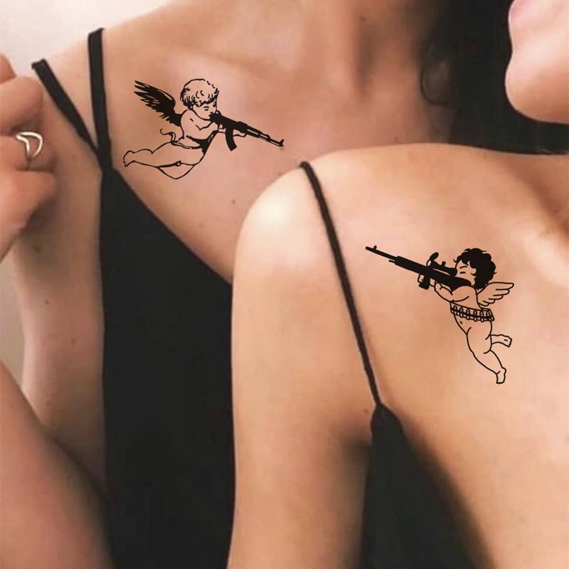 刺青仿真暗黑爱心天使丘比特枪情侣肩膀锁骨纹身贴 男女包邮