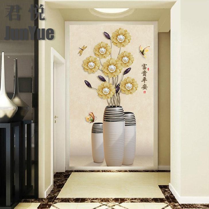 5d欧式墙纸8d走道玄关背景墙壁纸简约3d壁画花瓶定制墙布金色蝴蝶