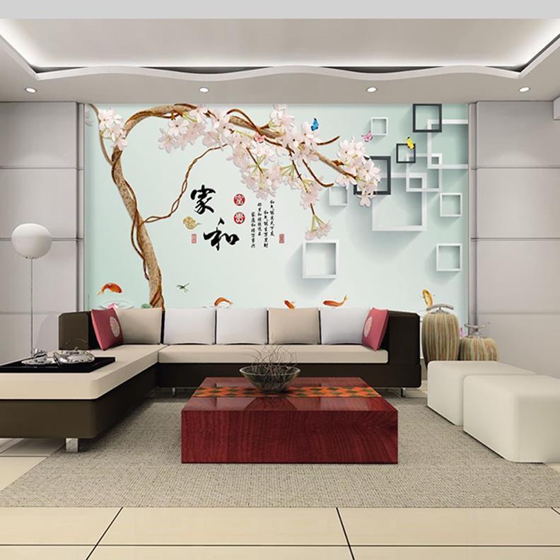 现代简约3d立体方框九鱼图家和富贵背景墙壁纸卧室客厅墙纸影视墙