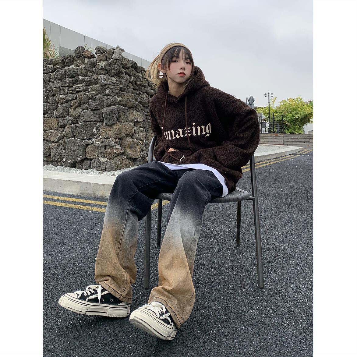 American street fried color gradient jeans women's high-end sense straight tube niche retro high street pants hiphop trousers