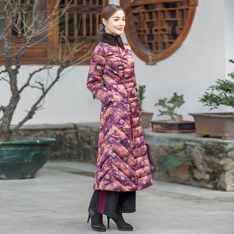 华族经典真丝香云纱羽绒服女高端轻薄保暖外套秋冬修身显瘦中长款