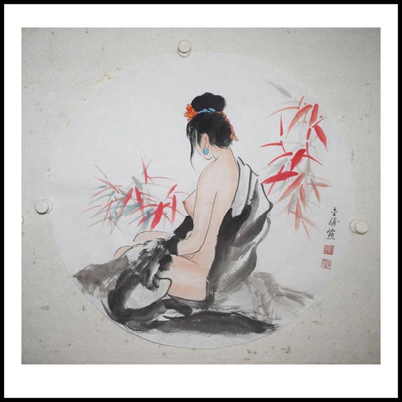 名家手绘国画团扇古装写意人物出浴美女客厅办公室书房走廊装饰画