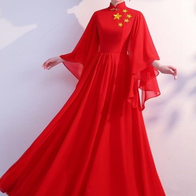 大合唱团演出服女长裙红歌比赛服装红色爱国朗诵指挥主持人晚礼服