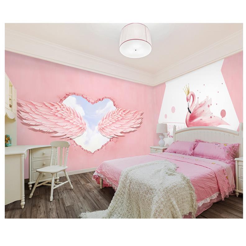 3d粉色翅膀女孩直播房间壁纸网红奶茶店墙布抖音ins拍照背景墙画