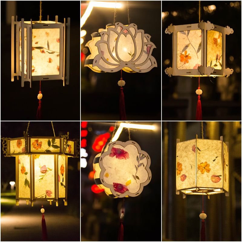 宵节儿童灯笼diy手工材料新年灯笼汉服手提发光花草纸花灯宫灯