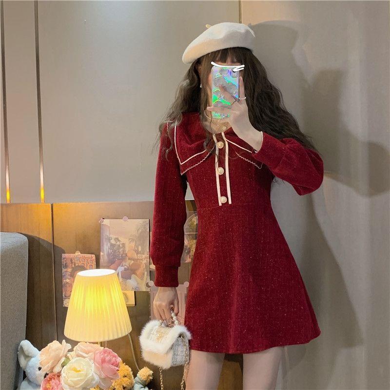 2023春季新款韓版學院風甜美蝴蝶結領純色連衣裙女短款裙子潮ins