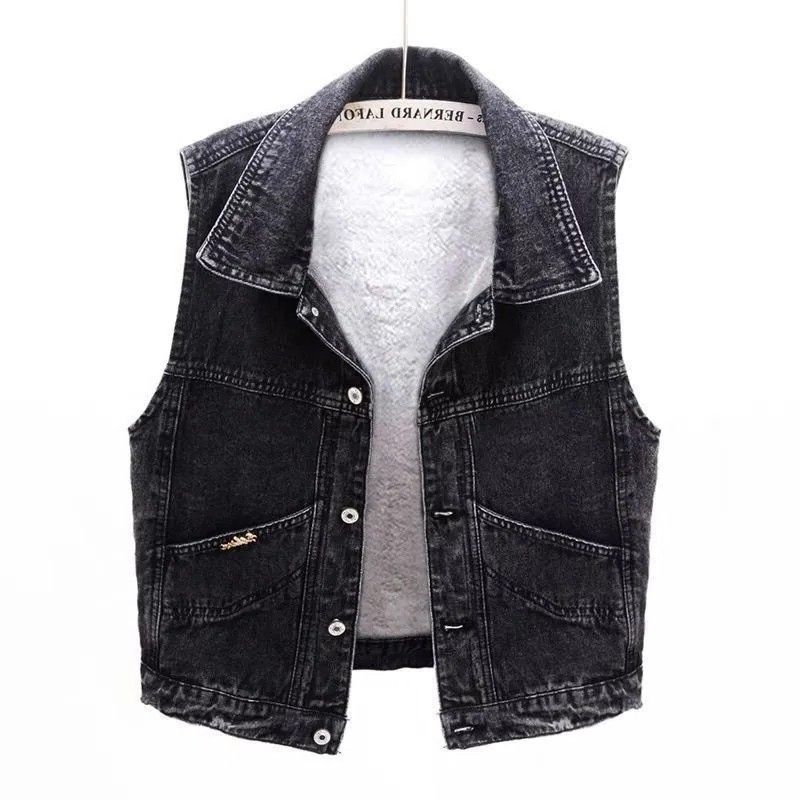 Velvet thickened denim vest ladies short autumn and winter clothes foreign style splicing slim sleeveless jacket vest vest outer wear