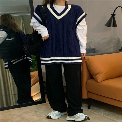 Single/Two-piece Lazy Style Japanese Retro Knitted Sweater Women's Spring and Autumn Design Sense Top Loose Vest