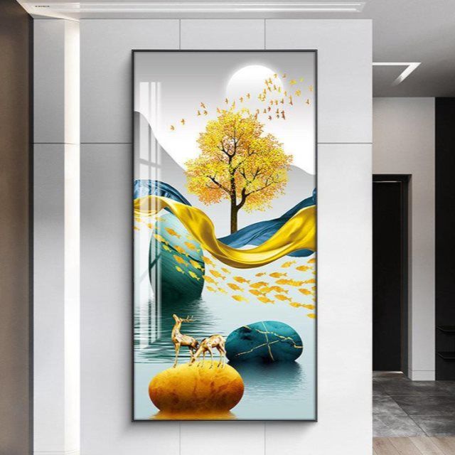 现代简约入户玄关装饰画福鹿吉祥挂画轻奢过道竖版走廊尽头招财画