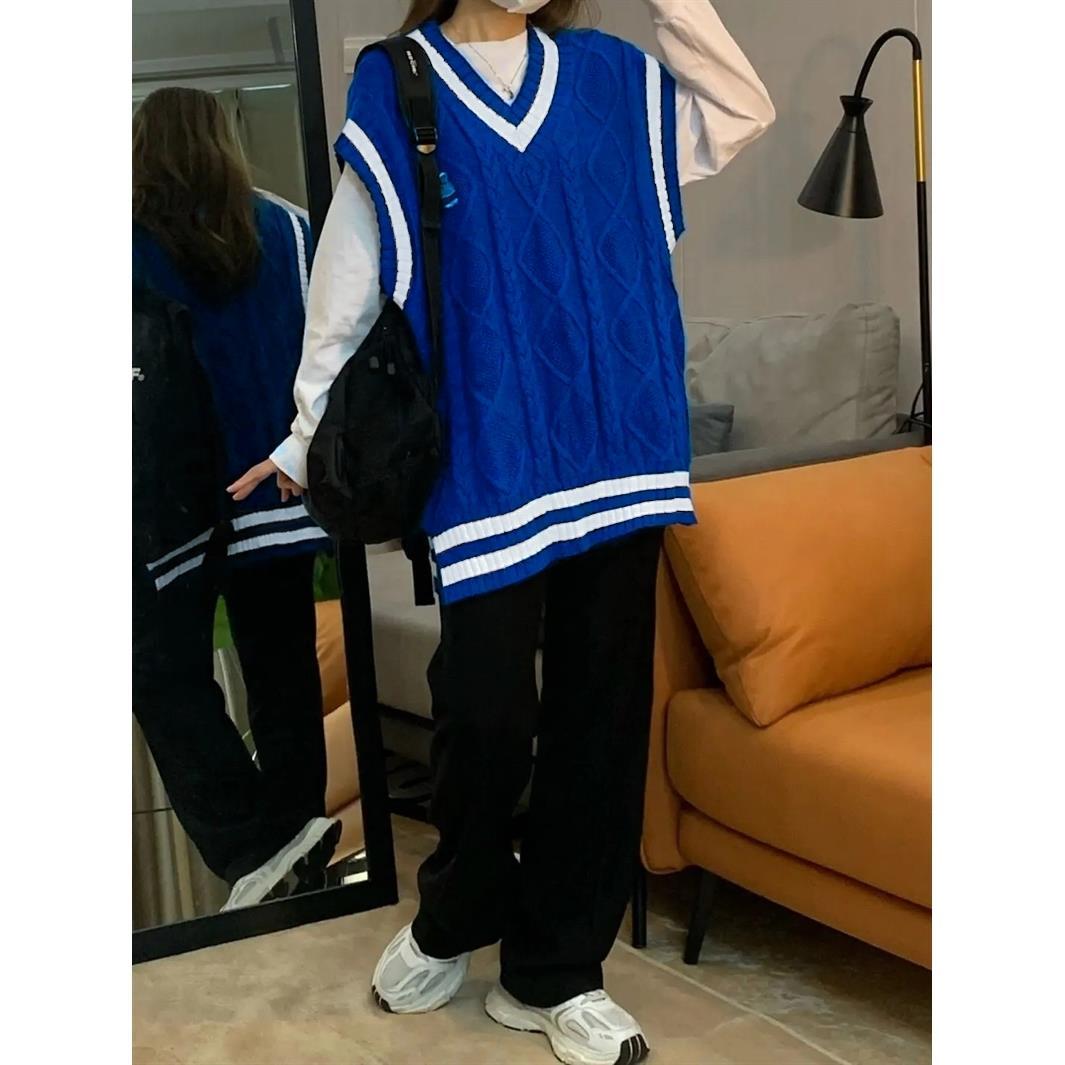 Single/Two-piece Lazy Style Japanese Retro Knitted Sweater Women's Spring and Autumn Design Sense Top Loose Vest