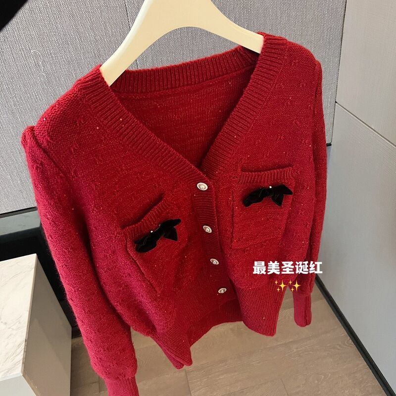 过年圣诞节红色毛衣v领亮片蝴蝶结开衫针织衫内搭女气质上衣温柔