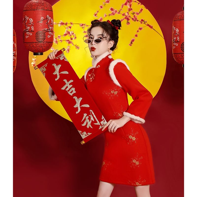 红色旗袍冬季冬款改良短款过年喜庆衣服大人新年拜年服女装中国风