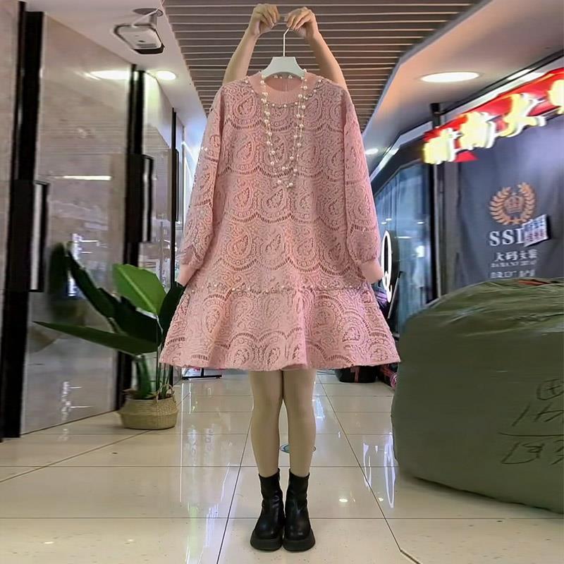 加肥大碼女裝小香風淑女胖妹妹燙鑽釘珠蕾絲連衣裙加肥加大裙子