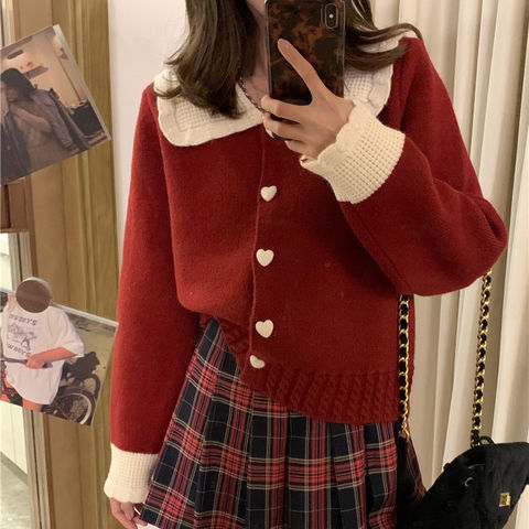 娃娃领本命年红色毛衣女秋冬2021年新款宽松撞色针织开衫外穿上衣【2