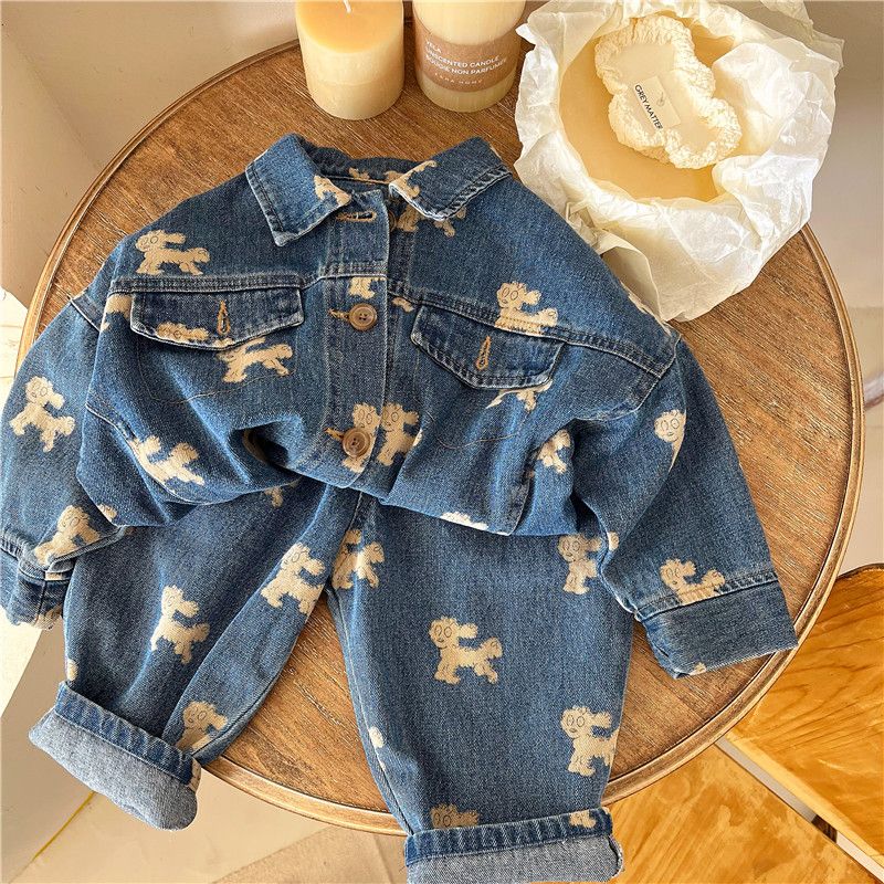 Children's autumn suit 2022 spring new Korean version of boys and girls cartoon printing baby foreign style denim suit cool