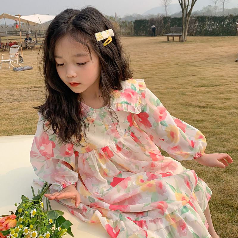 女童韓版棉質大花連衣裙2022春新款中小童洋氣仙女裙小清新花裙子