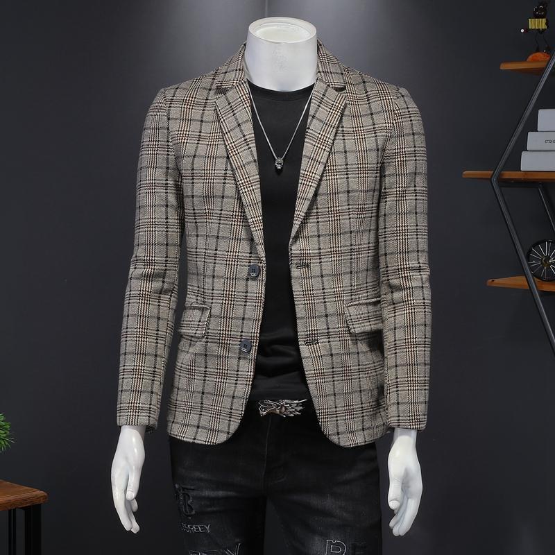 春季青年男士修身便西休闲格子西服外套欧洲站商务小西装单西上衣
