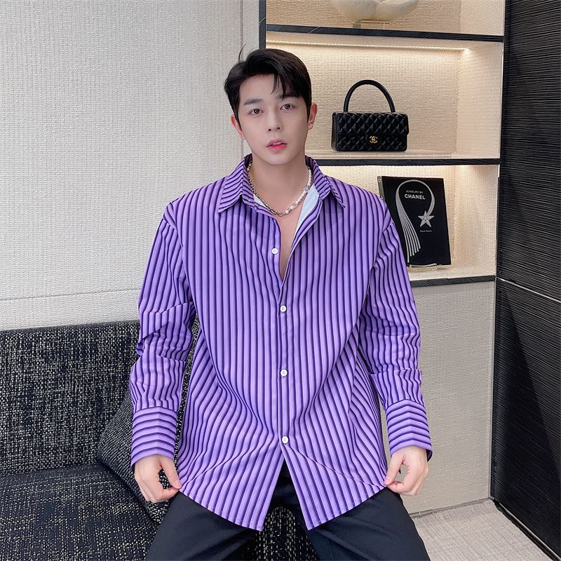 早春气质雅痞条纹衬衫男长袖韩版紫色垂感洋气时髦网红发型师衬衣