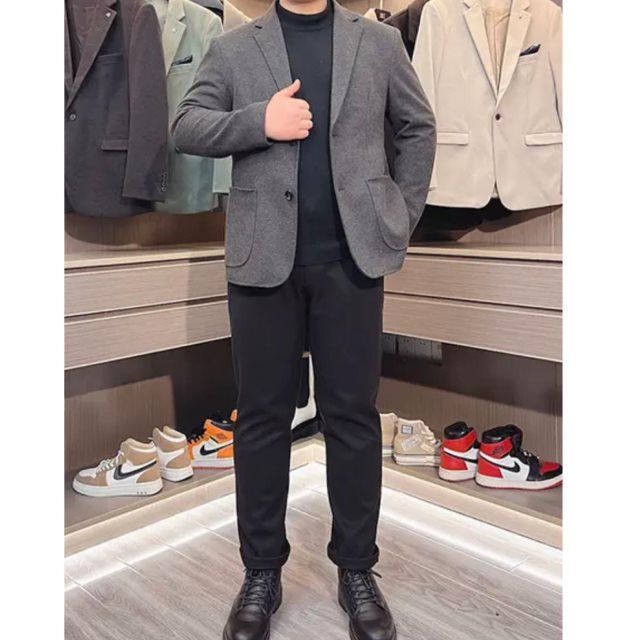 微胖显瘦穿搭冬季青栀潮男毛呢西装外套男大码加厚西服单件套装潮