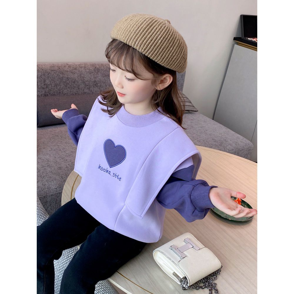 Girls spring and autumn thin hoodie  new Korean version splicing fake two young children purple jacket