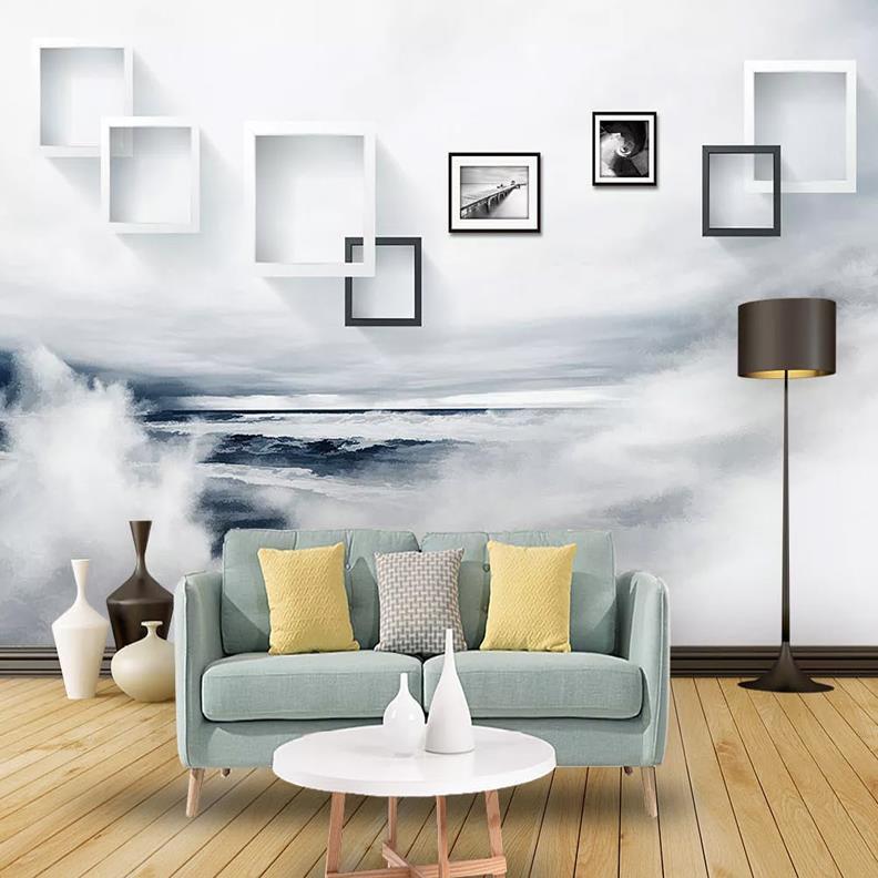 现代简约抽象海浪客厅装饰画无缝墙纸复古方框艺术电视背景墙壁画