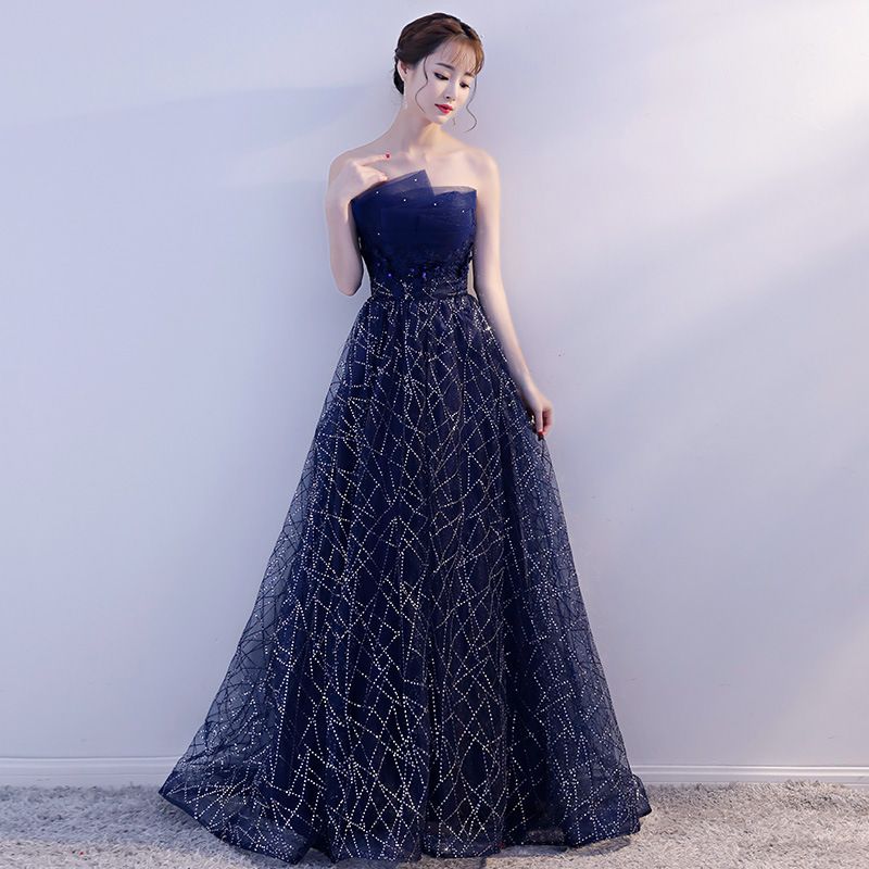 宴会晚礼服女2021新款端庄大气星空洋装聚会抹胸小礼服长款蓬蓬裙