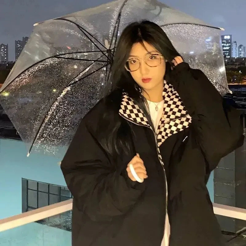 棋盤格棉服外套女2022冬季新款森系麵包服ins韓版寬鬆棉衣潮