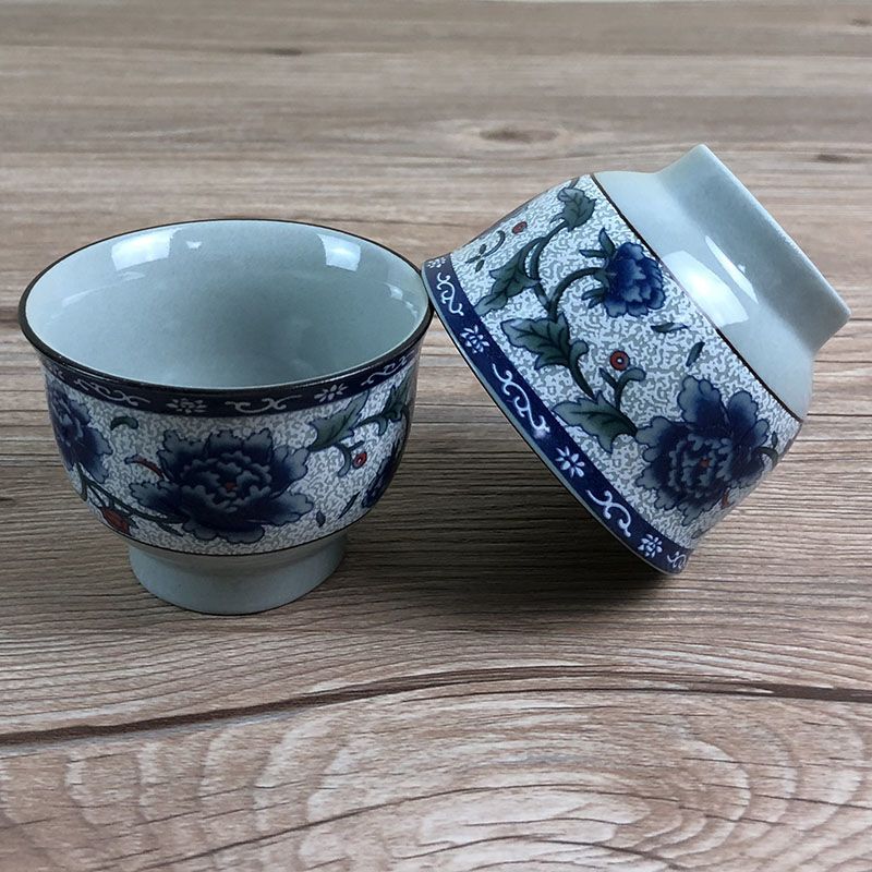 个人杯陶瓷茶杯子酒店高脚杯牡丹花纹小茶杯复古青花瓷加厚喝茶杯