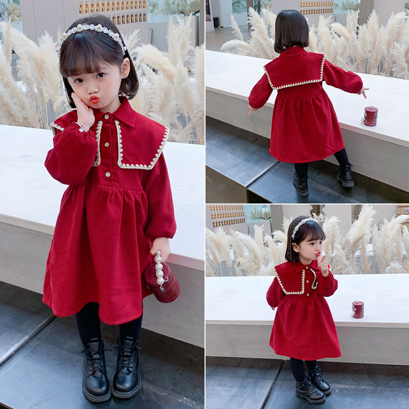 女童連衣裙秋冬2022新款中大兒童新年公主裙紅色洋氣喜氣女孩裙子