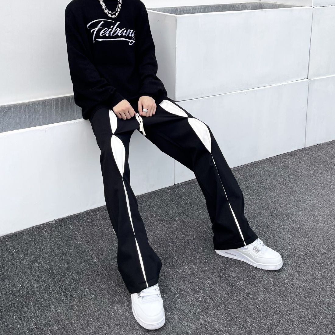 High street design sense niche chic black straight trousers men's loose and thin drawstring loose drape wide-leg pants