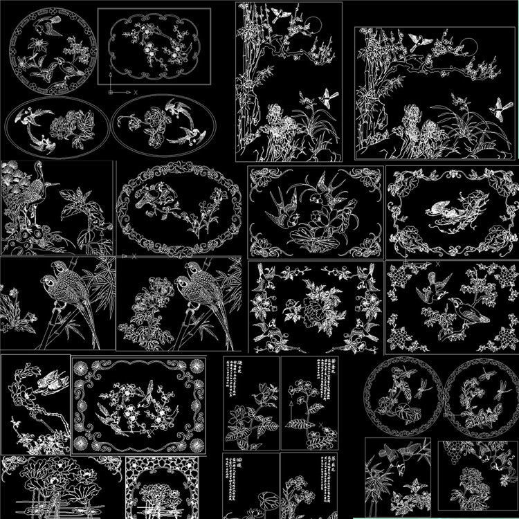 传统中式吉祥图案花鸟雕花雕刻cad图鸳鸯松鹤延年孔雀开屏九鲤鱼