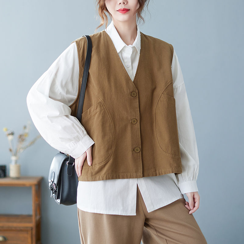 Cotton V-neck vest women's spring literature and art large size casual outerwear sleeveless vest loose sleeveless vest small coat