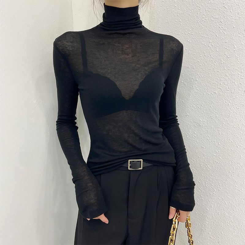 高領內搭打底衫女微透秋冬薄款性感黑色ins透視上衣堆堆領t恤