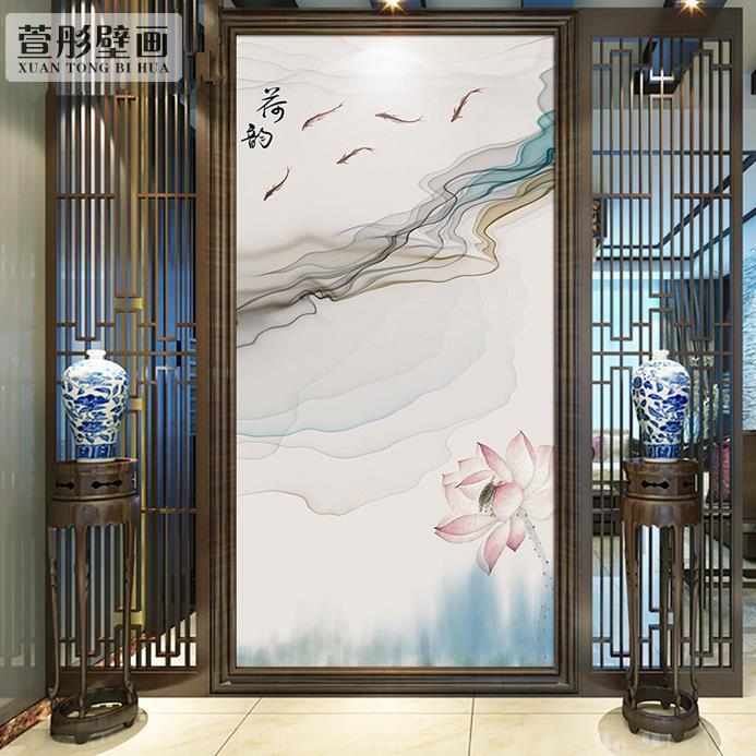现代中式过道玄关背景墙壁纸竖式5d墙布荷花韵鱼8d墙纸自粘壁画