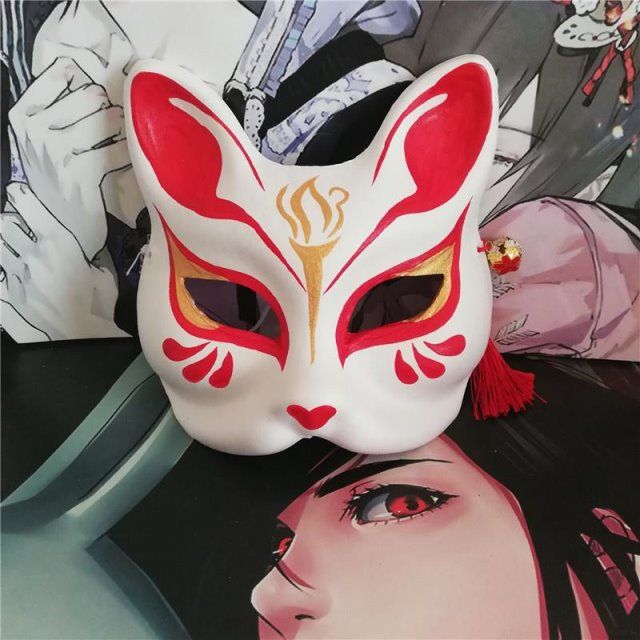 手绘狐狸半脸面具猫二次元动漫男女脸谱舞会狐妖面具古风 中国风