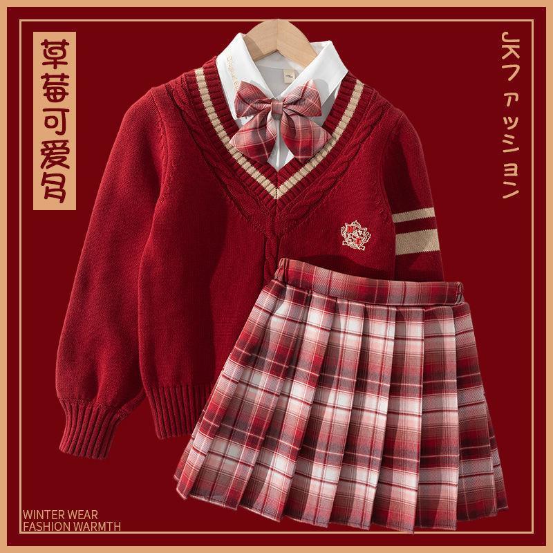 女童過年服套裝新年裙子兒童洋氣秋冬學院風連衣裙大童冬裝衣服