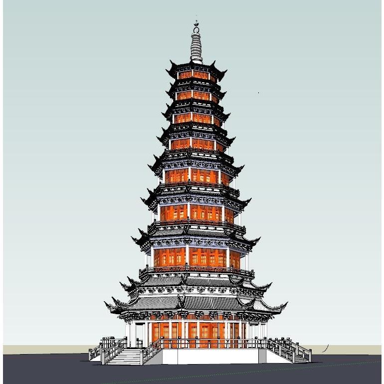 中式古典仿古建筑寺院寺庙塔楼八角塔斗拱重檐建筑设计su模型10款