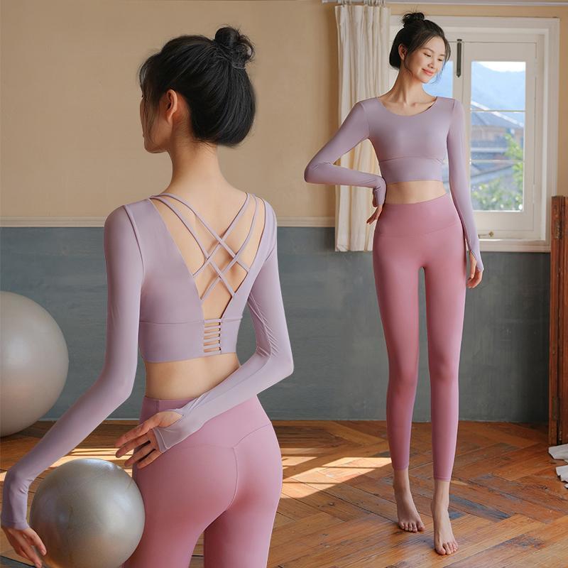 运动套装女带胸垫长袖速干瑜伽服性感紧身运动服透气健身跑步套装