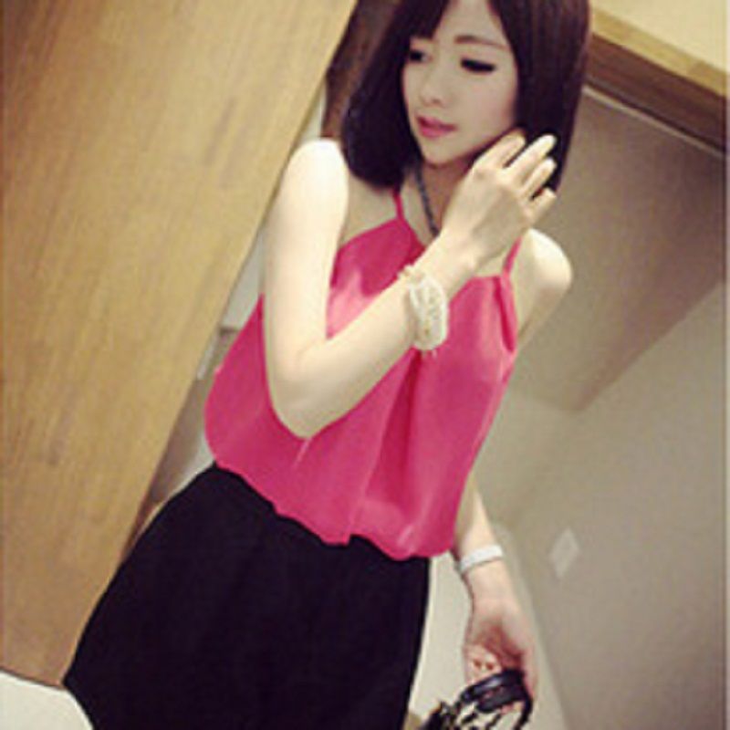 Spring and summer new Korean version of the slim fashion thin clavicle exposed double-layer candy-colored vest chiffon shirt