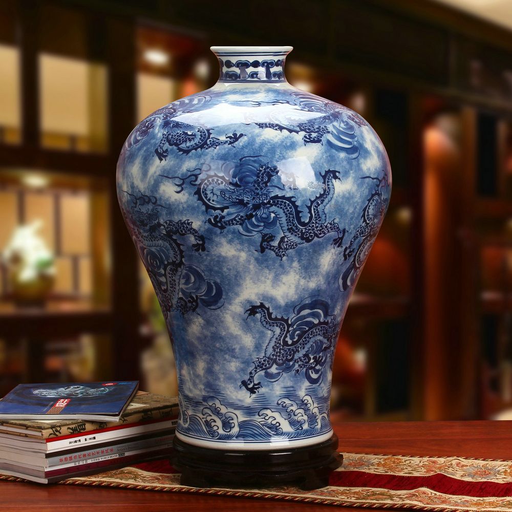 景德镇陶瓷器 高档全手绘青花瓷祥云龙腾四海天球花瓶 中式收藏品