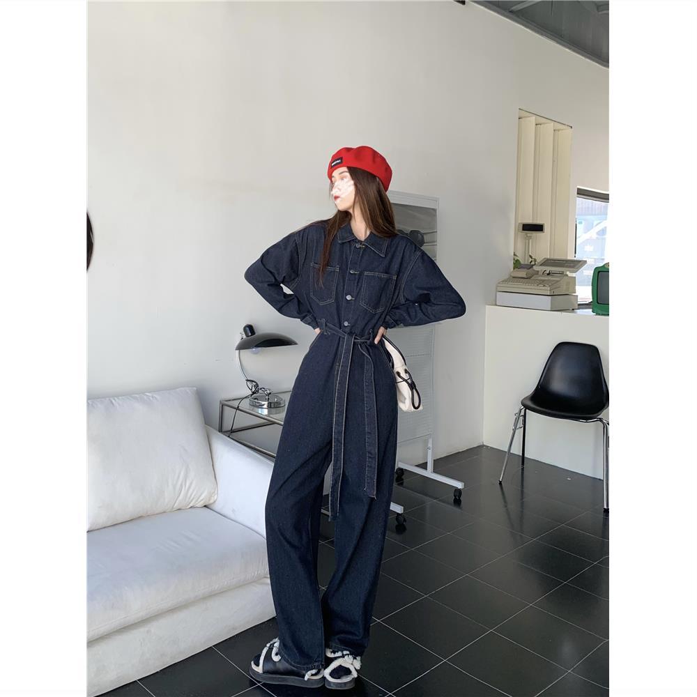 Denim jumpsuit women's 2022 spring and autumn new Hong Kong style retro overalls jumpsuit slim straight trousers trendy in